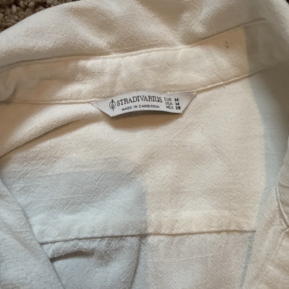 Stradivarius White Linen Blend Roll Tab Sleeve Utility Belted Shirt Size Medium - Picture 6 of 9